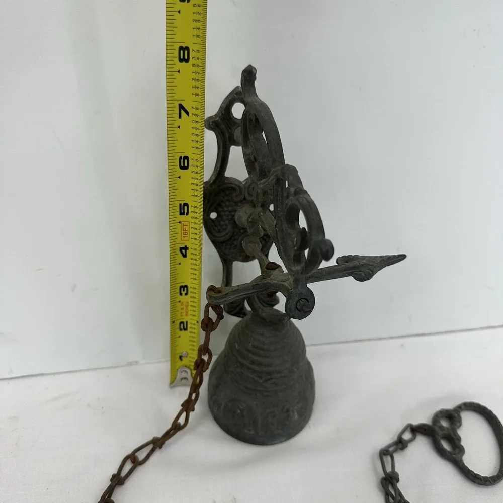 Vintage Brass Wall-Mounted Door Monastery Bell W/ Chain & Pull Handle Patina